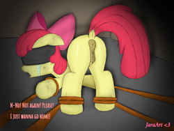 Size: 1280x960 | Tagged: explicit, grimdark, artist:jaraart, apple bloom, anus, ass up, blindfold, blood, bondage, bound, bruised, crying, cut, dialogue, dock, earth pony, face down ass up, foalcon, foalnapping, g4, genitals, implied rape, imported from derpibooru, kidnapped, nudity, ponut, pony, rape, rope, rope bondage, scratches, sex, tail, tied up, vulva