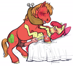 Size: 2368x2137 | Tagged: explicit, artist:ponie666, apple bloom, age difference, ahegao, applecest, bed, bedroom eyes, big macintosh, big penis, blank flank, brother and sister, cum, cumming, derpibooru exclusive, earth pony, eyes closed, female, filly, flared, foal, foalcon, g4, genitals, horsecock, imported from derpibooru, incest, male, male orgasm, mare, nudity, older male, on bed, open mouth, orgasm, penis, pony, sibling incest, siblings, size difference, stallion, stallion on filly, straight, vulva, yoke