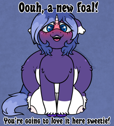 Size: 1234x1357 | Tagged: questionable, artist:alleymutt, oc, oc:molly coddles, big crotchboobs, blushing, coat markings, crotchboobs, daycare, dialogue, female, foalcon, horn, huge crotchboobs, implied foalcon, imported from derpibooru, looking at you, mare, nipples, nudity, open mouth, open smile, pony, smiling, smiling at you, socks (coat markings), solo, talking to viewer, text, thighs, thunder thighs, unicorn, unshorn fetlocks, wide hips