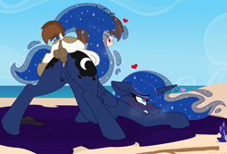 Size: 3424x2324 | Tagged: explicit, artist:sherathoz, artist:tolpain, princess luna, age difference, alicorn, anatomically correct, anatomically incorrect, anatomically incorrect crotchboobs, ass up, balls, beach, beach towel, blushing, clitoris, collaboration, colt, colt on mare, crotchboobs, dock, duo, duo male and female, earth pony, ethereal mane, eyes closed, face down ass up, female, foal, foalcon, from behind, g4, genitals, gritted teeth, heart, heart eyes, horsecock, imported from derpibooru, larger female, male, mare, mounting, nipples, nudity, outdoors, penetration, penis, perching position, pipsqueak, pony, sex, ship:lunapip, shipping, size difference, sky, smaller male, starry mane, starry tail, straight, straight shota, tail, teats, teeth, vaginal, vaginal secretions, vulva, wingding eyes