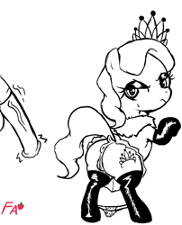 Size: 597x739 | Tagged: explicit, artist:fawxs, diamond tiara, anus, butt, clothes, diamond buttiara, duo, earth pony, female, female focus, filly, foal, foalcon, g4, genitals, horsecock, imported from derpibooru, legwear, male, medial ring, monochrome, nudity, offscreen character, offscreen male, panties, panties around legs, penis, plot, pony, presenting, presenting butt, skirt, solo focus, source needed, stockings, thigh highs, underwear, upskirt, vulva