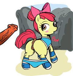 Size: 628x656 | Tagged: explicit, artist:fawxs, apple bloom, anus, bloom butt, blushing, butt, clothes, dark genitals, disembodied penis, earth pony, female, female focus, filly, foal, foalcon, g4, genitals, horsecock, imported from derpibooru, looking back, male, nudity, offscreen character, offscreen male, panties, panties around legs, penis, plot, pony, raised tail, rear view, solo focus, source needed, tail, underwear, vulva