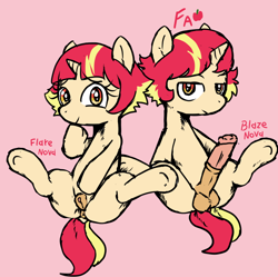 Size: 740x738 | Tagged: explicit, artist:fawxs, oc, oc:blaze nova, oc:flare nova, anus, balls, brother and sister, clitoris, colt, dark genitals, duo, duo male and female, female, filly, foal, foalcon, genitals, horn, horsecock, imported from derpibooru, looking at you, lying down, male, medial ring, nudity, oc only, on back, penis, pony, presenting, siblings, source needed, spread legs, spreading, unicorn, vulva