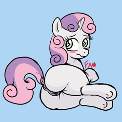 Size: 1500x1500 | Tagged: explicit, artist:fawxs, sweetie belle, anus, blushing, butt, dark genitals, dock, female, filly, foal, foalcon, g4, genitals, horn, imported from derpibooru, lying down, nudity, on side, plot, pony, rear view, solo, solo female, sweetie butt, tail, the ass was fat, underhoof, unicorn, vulva