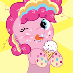 Size: 1200x1200 | Tagged: questionable, artist:kinkydiddledie, pinkie pie, female, filly, filly pinkie pie, foal, foalcon, food, g4, ice cream, imported from derpibooru, looking at you, messy eating, one eye closed, smiling, wink, winking at you, younger