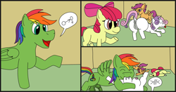 Size: 3999x2100 | Tagged: explicit, artist:sugar and spice productions, apple bloom, scootaloo, sweetie belle, oc, oc:oliver, 3 panel comic, :p, age difference, ahegao, anus, ass up, balls, bow, breast milk, breastfeeding, clubhouse, comic, creampie, crotchboobs, cum, cutie mark crusaders, dock, earth pony, eyes closed, eyes open, female, filly, flying, foal, foalcon, folded wings, g4, genitals, green coat, hair bow, horn, imported from derpibooru, indoors, male, multicolored hair, nipples, nudity, one eye closed, open mouth, orange coat, pegasus, penis, pink mane, pink tail, pony, presenting, rainbow hair, rainbow tail, red mane, red tail, smiling, speech bubble, spread wings, stallion, stallion on filly, straight, suckling, swirly eyes, tail, talking, tongue out, two toned mane, two toned tail, unicorn, vulva, white coat, wingding eyes, wings, wink, yellow coat