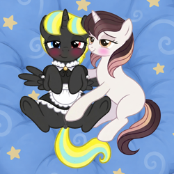 Size: 1024x1024 | Tagged: explicit, artist:weker, oc, oc:littlelight, oc:sweetieck dreams, ai assisted, ai content, alicorn, anus, bed, bedroom eyes, blushing, butt, clitoris, clothes, colored, duo, female, filly, filly on filly, foal, foalcon, g4, genitals, heterochromia, hooves, horn, imported from derpibooru, indoors, lesbian, looking at you, maid, metacorn, nipples, nudity, oc only, on bed, plot, ponut, pony, unicorn, vulva