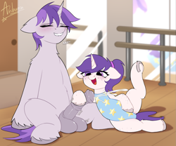 Size: 6000x5000 | Tagged: explicit, artist:ariburin, oc, oc:brisk aura, oc:snowie aura, age difference, balls, blushing, brother and sister, clothed female nude male, clothes, cum, cumming, derpibooru exclusive, eyes closed, female, filly, filly on stallion, foal, foalcon, genitals, gymnastics, hoofjob, horn, horsecock, imported from derpibooru, incest, indoors, leotard, lip bite, male, male orgasm, nudity, oc only, orgasm, penis, pony, sibling incest, siblings, signature, stallion, straight, text, underhoof, unicorn, unshorn fetlocks