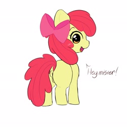 Size: 2048x2048 | Tagged: explicit, artist:flufficrapp, apple bloom, :d, anatomically correct, anus, bow, dock, earth pony, female, filly, foal, foalcon, full body, g4, hair bow, imported from derpibooru, looking at you, looking back, looking back at you, nudity, open mouth, open smile, pink bow, pony, simple background, smiling, tail, text, vulva, white background