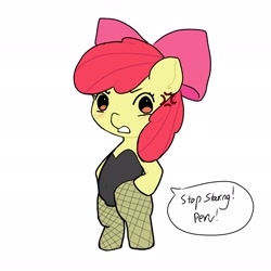 Size: 2048x2048 | Tagged: questionable, artist:flufficrapp, apple bloom, anatomically correct, belly, belly button, bipedal, black leotard, blushing, bow, cameltoe, clothes, covered belly button, cross-popping veins, earth pony, emanata, female, filly, fishnet clothing, fishnet pantyhose, foal, foalcon, g4, hair bow, imported from derpibooru, legwear, leotard, looking at you, nudity, pantyhose, pink bow, pony, simple background, speech bubble, tights, vulva, white background