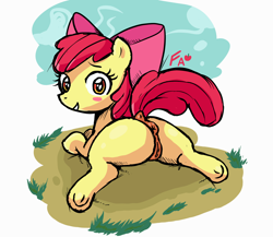 Size: 1500x1300 | Tagged: explicit, artist:fawxs, apple bloom, anatomically correct, anus, apple, bloom butt, blush sticker, blushing, bow, butt, cloud, dock, earth pony, female, filly, foal, foalcon, food, frog (hoof), full body, g4, grass, hair bow, imported from derpibooru, looking at you, looking back, looking back at you, lying down, nudity, on grass, outdoors, pink bow, plot, ponut, pony, prone, signature, sky, sploot, tail, underhoof, vulva