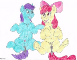 Size: 4372x3390 | Tagged: explicit, artist:bluegreen369, apple bloom, oc, adorabloom, alternate version, anatomically correct, anus, apple bloom's bow, belly, belly button, blue coat, blue eyes, bow, casual nudity, colt, crotchboobs, cute, cute porn, derpibooru exclusive, dock, earth pony, earth pony oc, eye clipping through hair, eyebrows, eyebrows visible through hair, female, filly, foal, foalcon, frog (hoof), g4, genitals, hair bow, imported from derpibooru, looking at each other, looking at someone, lying down, male, nipples, nudity, on back, ponut, pony, purple mane, sheath, simple background, smiling, smiling at each other, tail, teats, traditional art, underhoof, unnamed oc, vulva, white background