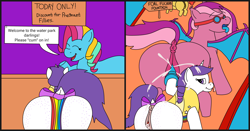 Size: 3999x2100 | Tagged: explicit, artist:sugar and spice productions, apple bloom, oc, oc:snowie aura, oc:spice wishes, 2 panel comic, :p, anus, bat pony, bat wings, blue coat, blue insides, blue tongue, bow, butt freckles, clitoris, clothes, colored wings, comic, cute, cute little fangs, dialogue, dildo, earth pony, fangs, female, filly, foal, foalcon, freckles, g3, g3 to g4, g4, genderfluid, generation leap, genitals, goggles, horn, imported from derpibooru, insertion, looking at you, looking back, looking back at you, mare, multicolored hair, nudity, orgasm, pink coat, pony, pregbloom, pregnant, pregnant foal, purple mane, purple tail, rainbow dash (g3), rainbow hair, red tail, sex, sex toy, sign, speech bubble, spread wings, squirting, swimming goggles, swimsuit, tail, tail bow, the ass was fat, tongue out, two toned mane, two toned tail, two toned wings, unicorn, vaginal secretions, vulva, vulvar winking, water, water park, white coat, wingboner, wings, yellow coat