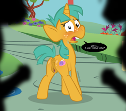 Size: 1450x1279 | Tagged: explicit, artist:vwhiskers, age difference, anatomically correct, anus, dialogue, female, filly, foal, foalcon, g4, genitals, horn, horsecock, imminent sex, imported from derpibooru, male, my little pony: friendship is magic, nudity, outdoors, penis, ponut, pony, rule 63, show accurate, show accurate porn, snails, spice, stallion, stallion on filly, straight, text, unicorn, vulva, younger
