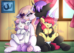 Size: 7000x5000 | Tagged: explicit, artist:ariburin, apple bloom, sweetie belle, oc, oc:ari ruffles, oc:vexra, alternate version, balls, big balls, big penis, blush lines, blushing, bow, changeling, changeling on filly action, choker, creampie, cum, earth pony, eyes closed, female, filly, floating heart, foal, foalcon, french kiss, frog (hoof), futa, futa oc, futa on female, futa on filly, g4, genitals, hair bow, heart, holding a pony, horn, horsecock, imported from derpibooru, indoors, intersex, kissing, nudity, one eye closed, open mouth, penetration, penis, pony, sex, text, underhoof, unicorn, vaginal, vaginal creampie, vulva