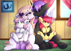 Size: 7000x5000 | Tagged: explicit, artist:ariburin, apple bloom, sweetie belle, oc, oc:ari ruffles, oc:vexra, :o, balls, big balls, big penis, blush lines, blushing, bow, changeling, changeling on filly action, choker, earth pony, eyes closed, female, filly, foal, foalcon, french kiss, frog (hoof), futa, futa oc, futa on female, futa on filly, g4, genitals, hair bow, holding a pony, horn, horsecock, imported from derpibooru, indoors, intersex, kissing, nudity, open mouth, penetration, penis, pony, sex, text, underhoof, unicorn, vaginal, vulva