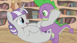 Size: 1024x576 | Tagged: explicit, artist:cheburek, spike, age difference, animated, baby, baby dragon, baby dragon on mare, book, cum, dragon, dragon on pony action, duo, duo male and female, female, foalcon, g4, genitals, gilf, golden oaks library, horn, imported from derpibooru, indoors, infidelity, interspecies, looking at each other, looking at someone, lying down, male, mare, milf, mother and child, nudity, on back, penetration, penis, pony, pseudoincest, sex, ship:spelvet, shipping, straight, twilight velvet, unicorn, vaginal, wingless spike