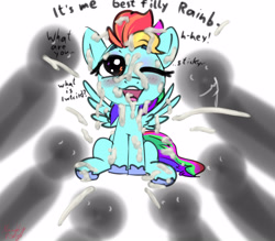 Size: 4000x3500 | Tagged: explicit, artist:littlenaughtypony, spoiler:g6, age difference, blushing, bukkake, cum, cum in mouth, cum on body, cum on ear, cum on hair, cum on hooves, cum on mane, cum on wings, facial, female, filly, filly rainbow dash, foal, foalcon, g6, imported from derpibooru, iwtcird, male, meme, open mouth, open smile, pegasus, pony, rainbow dash (g6), shadow, smiling, stallion, stallion on filly, straight, wings, younger
