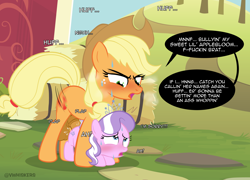 Size: 2910x2091 | Tagged: explicit, semi-grimdark, artist:vwhiskers, applejack, diamond tiara, anal, dialogue, earth pony, female, filly, foal, foalcon, forced, futa, futa applejack, futa mare, futa mare on filly, futa on female, futa on filly, g4, genitals, horsecock, imported from derpibooru, intersex, nudity, outdoor sex, outdoors, penetration, penis, pony, punishment, rape, rape as punishment, sex, show accurate, show accurate porn, speech bubble, text