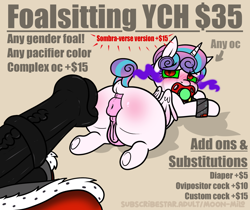 Size: 1548x1299 | Tagged: explicit, semi-grimdark, artist:alleymutt, princess flurry heart, abuse, age difference, alicorn, alternate version, anus, blushing, butt blush, commission, dark genitals, dock, female, filly, foal, foal abuse, foalcon, g4, genitals, horn, horsecock, imminent rape, imminent sex, imported from derpibooru, king sombra, looking at someone, looking over shoulder, male, mind control, nudity, offscreen character, pacifier, penis, ponut, pony, shackles, size difference, sombra eyes, stallion, stallion on filly, straight, subscribestar, tail, tear streaks, text, thighs, thunder thighs, vagina, vulva, wings, young, your character here