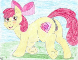 Size: 4385x3390 | Tagged: explicit, artist:bluegreen369, apple bloom, 2026, adorabloom, alternate version, anatomically correct, anus, apple bloom's bow, blushing, bow, butt, clitoris, cute, cute porn, derpibooru exclusive, dock, earth pony, eye clipping through hair, eyebrows, eyebrows visible through hair, female, field, filly, foal, foalcon, frog (hoof), g4, genitals, hair bow, imported from derpibooru, looking at you, looking back, nudity, outdoors, plot, ponut, pony, raised hoof, signature, sky, smiling, solo, solo female, tail, traditional art, underhoof, vulva, vulvar winking