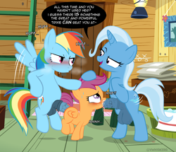 Size: 1535x1321 | Tagged: explicit, semi-grimdark, artist:vwhiskers, rainbow dash, scootaloo, anal, blowjob, blushing, creampie, cum, cum in mouth, dialogue, facefuck, female, filly, foal, foalcon, forced, futa, futa on female, futa on filly, futa rainbow dash, futa trixie, g4, genitals, great and powerful, horn, horsecock, imported from derpibooru, indoors, intersex, motion lines, nudity, onomatopoeia, oral, oral creampie, pegasus, penetration, penis, pony, sex, show accurate, show accurate porn, speech bubble, spitroast, text, threesome, trio, trixie, unicorn, younger