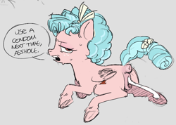 Size: 672x478 | Tagged: explicit, artist:cadmiumblu, aftersex, anatomically correct, anus, butt, cozy glow, cozy glow is not amused, creampie, cum, dialogue, female, foalcon, g4, gray background, implied straight, imported from derpibooru, looking at you, looking back, looking back at you, nudity, open mouth, pegasus, plot, ponut, pony, simple background, solo, solo female, speech bubble, talking to viewer, unamused, underhoof, vaginal creampie, vulgar, vulva