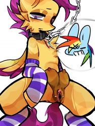 Size: 1080x1440 | Tagged: explicit, artist:highdog, rainbow dash, scootaloo, alternate version, chained, chains, clitoris, clothes, collar, crotchboobs, female, foalcon, g4, gaping, gaping vagina, genitals, imported from derpibooru, jewelry, lesbian, nipples, nudity, pegasus, pendant, pony, ship:scootadash, shipping, socks, striped socks, tape, vagina, vulva