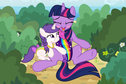 Size: 3000x2000 | Tagged: explicit, twilight sparkle, oc, oc:snowie aura, age difference, ahegao, alicorn, anonymous artist, anus, blush sticker, blushing, bow, braid, clothes, eyes closed, female, female orgasm, filly, filly on mare, foal, foalcon, foaldom, freckles, g4, genitals, hiding in bushes, hoofing, hoofing partner, horn, imported from derpibooru, in love, lesbian, love, mare, neckerchief, nudity, one-piece swimsuit, open mouth, orgasm, outdoors, ponut, pony, squirting, swimsuit, swimsuit aside, tail, tail bow, tongue out, twilight is a foal fiddler, unicorn, vaginal hoofing, vaginal secretions, vulva