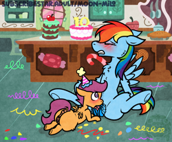 Size: 1448x1199 | Tagged: explicit, artist:alleymutt, rainbow dash, scootaloo, age difference, anus, birthday, birthday cake, blushing, butt, cake, clitoris, commission, confetti, cunnilingus, female, filly, foal, foalcon, food, g4, genitals, hat, imported from derpibooru, indoors, lesbian, mare, mare on filly, nudity, oral, party hat, pegasus, penetration, pie, plot, pony, pubic fluff, pubic hair, sex, ship:scootadash, shipping, size difference, small wings, sugarcube corner, vaginal, vulva, wings, young