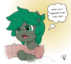 Size: 1254x1124 | Tagged: explicit, artist:multiverseequine, oc, oc:golden trim, oc:minus, age difference, colored, colt, confused, derpibooru exclusive, disembodied penis, duo, earth pony, earth pony oc, erection, foal, foalcon, gay, genitals, gradient background, holding penis, hoofjob, horsecock, imported from derpibooru, male, medial ring, nudity, oblivious, oc only, oc x oc, offscreen character, offscreen male, open mouth, oral, penis, pony, precum, sex, sexually oblivious, shipping, simple background, size difference, solo focus, stallion, stallion on colt, text, thought bubble, throbbing, upper body, vein, veiny cock
