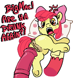 Size: 572x615 | Tagged: explicit, artist:myra, apple bloom, age difference, anatomically correct, angry, anus, apple bloom is not amused, big macintosh, blank flank, brother and sister, cross-popping veins, dialogue, disembodied hoof, earth pony, emanata, female, filly, foal, foalcon, g4, genitals, imminent penetration, imminent sex, implied drunk, imported from derpibooru, incest, looking at you, male, male pov, nudity, offscreen character, offscreen male, penis, pillow, ponut, pony, pov, raised leg, siblings, stallion, stallion on filly, straight, text, unamused, vulva, woken up, yelling