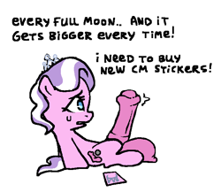 Size: 690x600 | Tagged: explicit, artist:myra, diamond tiara, balls, big penis, dialogue, earth pony, fake cutie mark, female, filly, foal, foalcon, futa, futa diamond tiara, futa filly, g4, genitals, horsecock, imported from derpibooru, intersex, nervous, nudity, penis, pony, solo, solo futa, sticker, throbbing