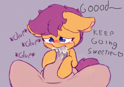 Size: 1240x877 | Tagged: explicit, artist:cristalyzed, scootaloo, blowjob, blushing, dialogue, drool, duo, female, filly, floppy ears, foal, foalcon, g4, genitals, human, imported from derpibooru, interspecies, male, nudity, offscreen character, oral, penis, pony, pony on human action, pov, sex, simple background, straight, watermark