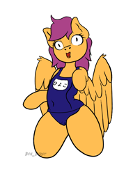 Size: 1000x1308 | Tagged: questionable, artist:bun_burst, scootaloo, belly, belly button, cameltoe, clothes, female, filly, foal, foalcon, g4, imported from derpibooru, japan, kneeling, mare, one-piece swimsuit, pegasus, pony, semi-anthro, simple background, slit pupils, solo, solo female, sukumizu, swimsuit, white background