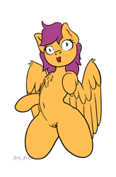 Size: 900x1376 | Tagged: explicit, artist:bun_burst, scootaloo, belly, belly button, chest fluff, clitoris, clothes, female, filly, foal, foalcon, g4, genitals, imported from derpibooru, kneeling, mare, nudity, pegasus, pony, semi-anthro, simple background, slit pupils, solo, solo female, vulva, white background