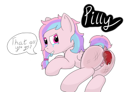 Size: 4300x3100 | Tagged: explicit, oc, oc:pilly, oc:sugar pill, anal prolapse, anus, artist needed, bow, cocky, creampie, crying, cum, dock, female, filly, foal, foalcon, genitals, hair bow, imported from derpibooru, mane, nudity, oc only, pegasus, pegasus oc, ponut, prolapse, raised tail, solo, source needed, speech bubble, tail, tail bow, vagina