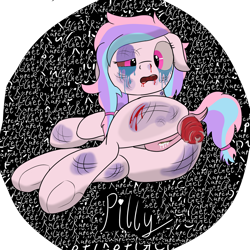 Size: 3000x3000 | Tagged: explicit, grimdark, oc, oc:pilly, oc:sugar pill, abuse, anal creampie, anal prolapse, anus, black eye, blank flank, blood, bruised, creampie, crying, cum, female, filly, foal, foal abuse, foalcon, gaping, gaping anus, genitals, implied rape, imported from derpibooru, looking at you, looking over shoulder, nosebleed, nudity, oc only, open mouth, pegasus, pegasus oc, pony, prolapse, rape, sex, text, vaginal creampie, vulva