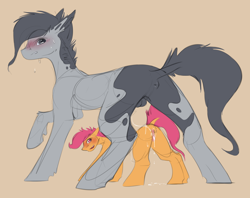 Size: 1634x1292 | Tagged: explicit, artist:geljado, scootaloo, oc, oc:broken symmetry, aftersex, anus, balls, bird, blushing, butt, chicken, colored sketch, creampie, cum, duo, duo male and female, earth pony, female, filly, foal, foalcon, g4, genitals, imported from derpibooru, male, nudity, pegasus, plot, ponut, pony, raised tail, simple background, size difference, sketch, straight, tail, vaginal creampie, vulva