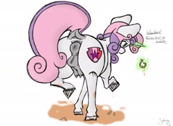 Size: 1920x1400 | Tagged: explicit, artist:johrnyreport, sweetie belle, anatomically correct, anus, clitoris, crotchboobs, dark genitals, dock, foal, foalcon, g4, genitals, hoers, horn, imported from derpibooru, magic, mud, nipples, nudity, ponut, pony, raised hoof, solo, tail, teats, telekinesis, text, unicorn, unshorn fetlocks, vulva, worm