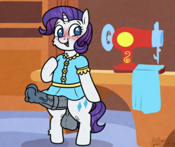 Size: 1548x1299 | Tagged: explicit, artist:alleymutt, rarity, balls, big penis, bipedal, blushing, clothes, dress, erection, fabric, filly, foal, foalcon, freckles, futa, futa rarity, g4, genitals, horn, horsecock, imported from derpibooru, indoors, intersex, marecock, nudity, penis, pony, sewing machine, smiling, solo, solo futa, unicorn, young, young rarity