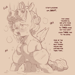 Size: 1200x1200 | Tagged: explicit, artist:cold-blooded-twilight, abdominal bulge, age difference, ahegao, belly, belly button, cozy glow, cozy glow is best facemaker, dialogue, drool, female, female focus, filly, foal, foalcon, forced, g4, genitals, implied group sex, implied sex, imported from derpibooru, large penetration, nudity, open mouth, pegasus, penetration, penis, pony, royal guard, sex, solo focus, text, tongue out, vaginal, vaginal secretions, vulva