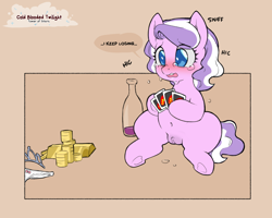 Size: 1200x960 | Tagged: explicit, artist:cold-blooded-twilight, diamond tiara, anatomically correct, belly, belly button, bits, blushing, clothes, crying, dark genitals, dialogue, drunk, earth pony, female, filly, foal, foalcon, g4, genitals, gold, gold bar, hoof hold, imported from derpibooru, jewelry, nudity, open mouth, panties, pony, pubic mound, solo, solo female, speech bubble, teary eyes, tiara, underhoof, underwear, uno, vulva