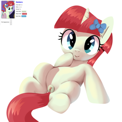 Size: 2000x2000 | Tagged: explicit, artist:hotwater, bow, clitoris, female, filly, foal, foalcon, g4, genitals, hair bow, hoof on cheek, horn, imported from derpibooru, looking at you, nudity, pony, rainberry, simple background, solo, solo female, unicorn, vulva, white background