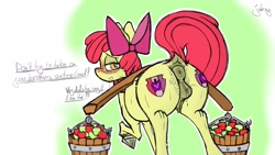 Size: 1920x1080 | Tagged: explicit, artist:johrnyreport, apple bloom, alternate version, anatomically correct, anus, apple, apple basket, basket, bloom butt, blushing, both cutie marks, bowtie, butt, butt freckles, carrying, cheek fluff, clitoris, crotchboobs, dark genitals, dock, earth pony, foal, foalcon, food, freckles, frog (hoof), g4, genitals, imported from derpibooru, looking at you, looking back, looking back at you, nipples, nudity, plot, ponut, pony, raised hoof, raised tail, solo, tail, teats, text, underhoof, unshorn fetlocks, vaginal secretions, vulva, vulvar winking