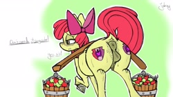 Size: 1920x1080 | Tagged: explicit, artist:johrnyreport, apple bloom, anatomically correct, anus, apple, apple basket, basket, bloom butt, blushing, both cutie marks, bowtie, butt, butt freckles, carrying, clitoris, crotchboobs, dark genitals, dock, earth pony, female, filly, foal, foalcon, food, freckles, frog (hoof), g4, genitals, imported from derpibooru, nipples, nudity, plot, ponut, pony, raised hoof, rear view, solo, sweat, sweatdrops, tail, teats, underhoof, unshorn fetlocks, vulva