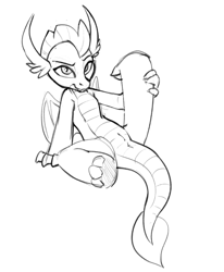 Size: 740x896 | Tagged: explicit, artist:elicitie, anus, black and white, dragon, fangs, female, foalcon, g4, genitals, grayscale, imported from derpibooru, looking at you, monochrome, nudity, simple background, smolder, solo, solo female, vulva, white background