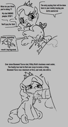 Size: 569x1050 | Tagged: explicit, grimdark, artist:myra, diamond tiara, an egg being attacked by sperm, angry, blowjob, bondage, bound, creampie, cum, dialogue, earth pony, egg cell, female, filly, foal, foalcon, g4, genitals, implied prostitution, imported from derpibooru, impregnation, jewelry, male, monochrome, nudity, oral, penetration, penis, pony, rape, rope, rope bondage, sex, sitting, speech bubble, spermatozoon, stallion, story included, text, tiara, vaginal, vaginal creampie, vulva