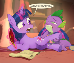 Size: 2190x1868 | Tagged: explicit, artist:hehehahahoofs, spike, twilight sparkle, age difference, blushing, carpet, cum, derpibooru exclusive, dragon, duo, duo male and female, female, foalcon, g4, genitals, golden oaks library, heavy breathing, hoofjob, horn, imported from derpibooru, indoors, intercrural sex, lying down, male, nudity, penis, pony, pseudoincest, quill, scroll, sex, ship:twispike, shipping, straight, sweat, unicorn, unicorn twilight, wingless spike