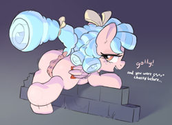 Size: 2242x1631 | Tagged: explicit, artist:zzzsleepy, anatomically correct, anatomically incorrect, anatomically incorrect crotchboobs, anus, bedroom eyes, blue mane, brick wall, butt, cozy glow, cozy glutes, crotchboobs, dock, female, filly, foal, foalcon, foaldom, freckles, g4, genitals, golly, gradient background, imported from derpibooru, looking back, mesugaki, nipples, nudity, open mouth, pegasus, plot, ponut, pony, presenting, raised hoof, seductive pose, smiling, smug, solo, solo female, tail, teasing, teats, teeth, text, this will end in jail time, underhoof, vulva